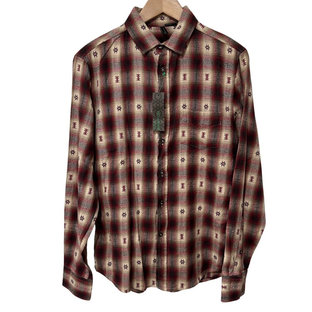 Stile Benetton Long Sleeve Button Up Shirt Aztec Plaid Small Multicolor NWT